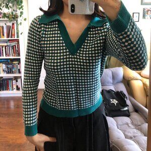 Retro Slim Fit Collared Knit Sweater – Teal & White Diamond Pattern – M